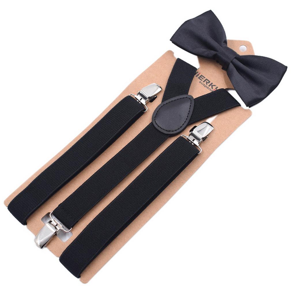 Unisex Bow Tie & Suspenders Set, 3 Clips Adjustable Elastic Braces for Casual & Formal Occasions