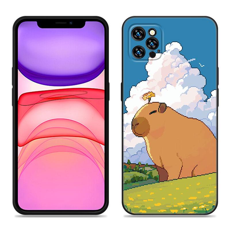 Cute Cartoon Capybara Phone Case For Apple iPhone 12 13 Mini 11 14 15 Pro Max 7 8 Plus X XR XS SE 2020 2022 Black Silicone Case
