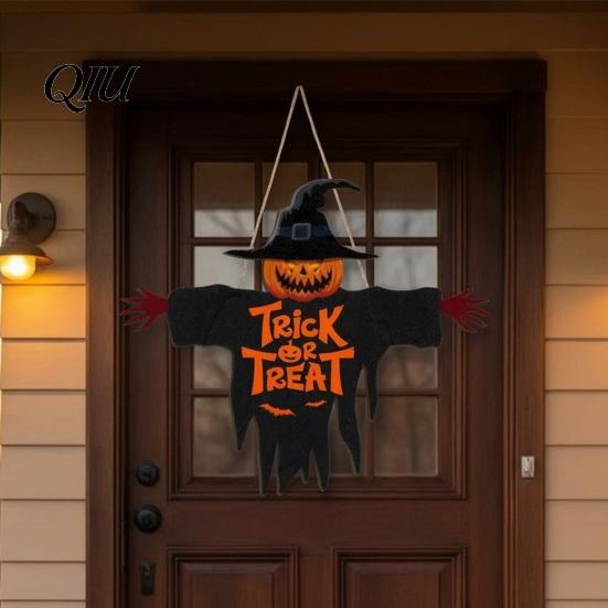 Cute Scarecrow Theme Ornament Halloween Door Sign for Porch, Ghost Dwarf Hanging Wall Decorative Seasonal Plaque, Rustic Farmhouse Decor Front
