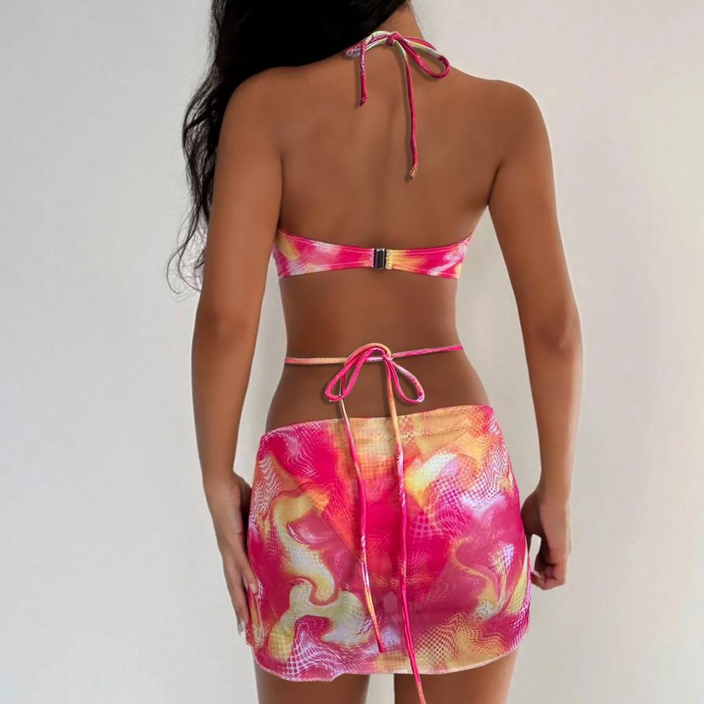 Popular Printed Tube Top Strap Split Three-Piece Set New European And American Bikini Women'S Swimsuit Swimsuit