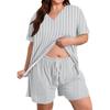 Plus Size Casual Two Piece Set Women Short Sleeve V Neck Loose Fit Top and Drawstring Waist Shorts Lounge Wear Set