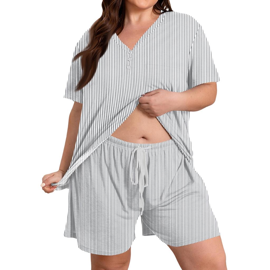 Plus Size Casual Two Piece Set Women Short Sleeve V Neck Loose Fit Top and Drawstring Waist Shorts Lounge Wear Set