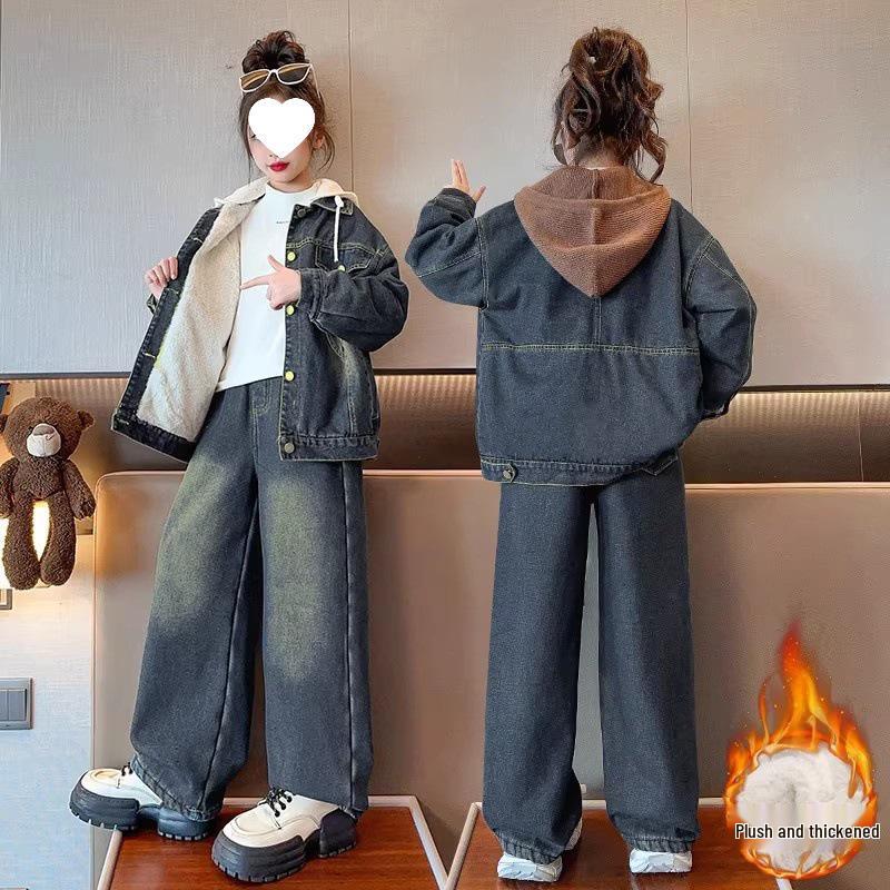 2025 Girls' Fleece-Lined Denim Two-Piece Set - Trendy Autumn/Winter Fashion for Middle and Big Kids