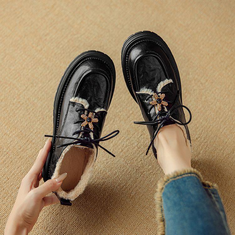 Fashion New Spring Autumn Genuine Leather Women Pumps Shoes for Women Fashion Round Toe Lace Loafers Shoes Zaptos Mujer Deep Mouth Shoes