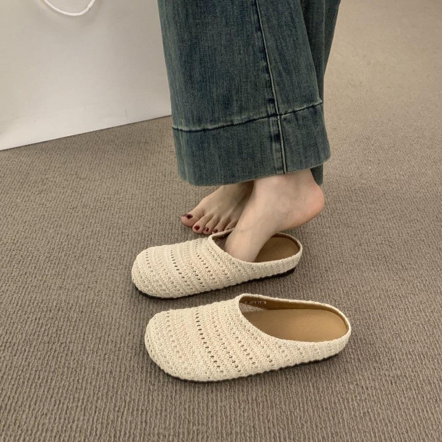 French Niche Hand-woven Hollow Breathable Bag Head Half Slippers Women's Summer Wear Roman Style Thick-soled Muller Shoes