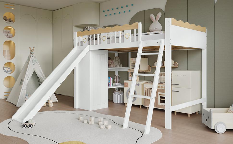 Loft Bed, With Children's Slide, Wardrobe and Storage Cabinet Under the Bed, Four-Sided Fence Pine + MDF + Plywood, White+Natural, 90x200cm