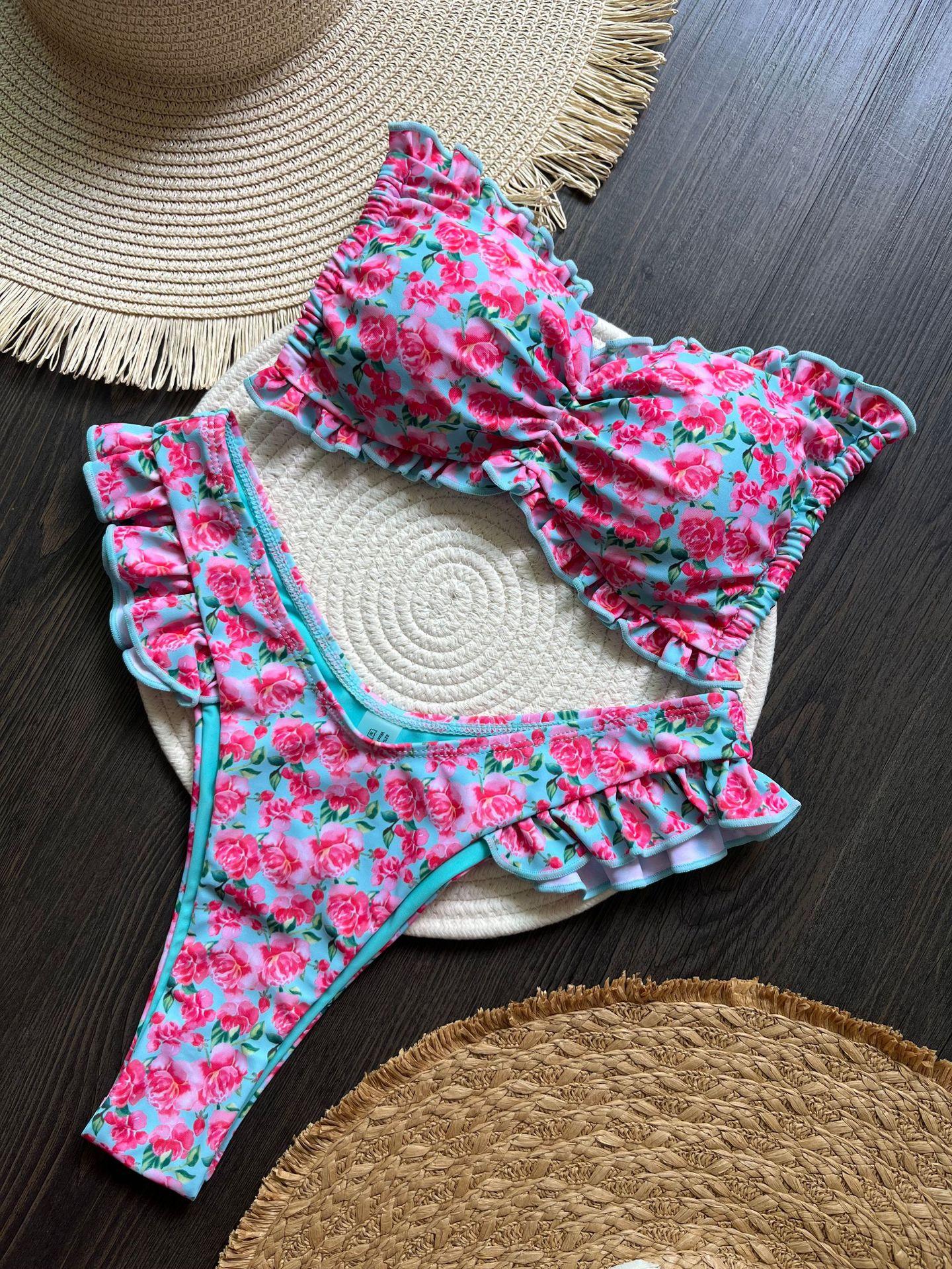 Sexy Flowers Printed Ruffled Frilled Bikini Women Swimwear Female Swimsuit Two-pieces Bikini set Bather Bathing Suit Swim S