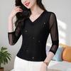 Women's V-Neck Diamond Mesh Long-Sleeve Top - Spring 2026 Fashion