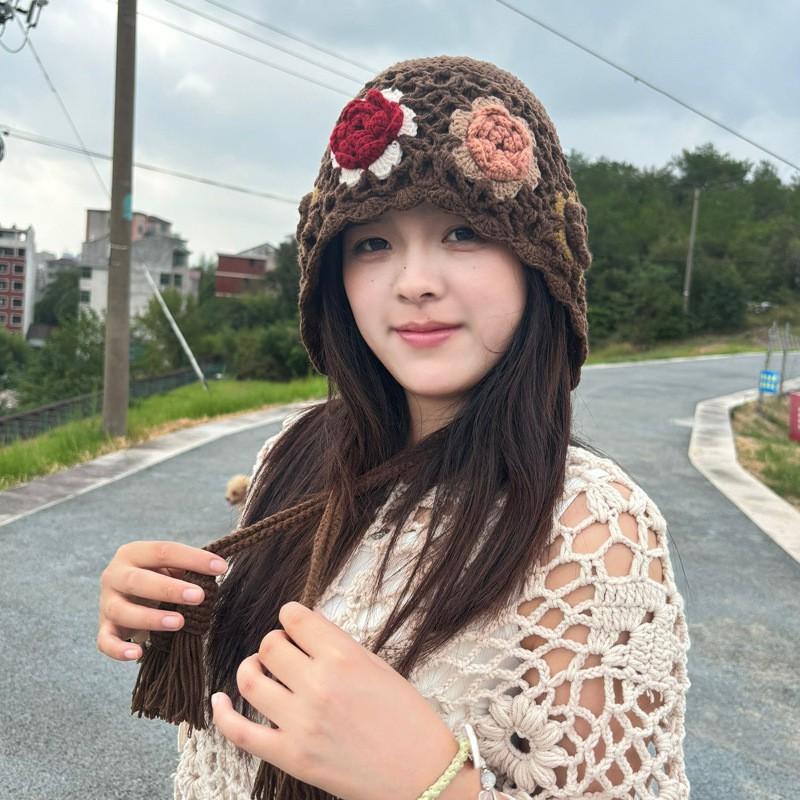 Handmade Crochet Lace Flower Beanie Hat Women Ethnic Style Retro Knit Cap