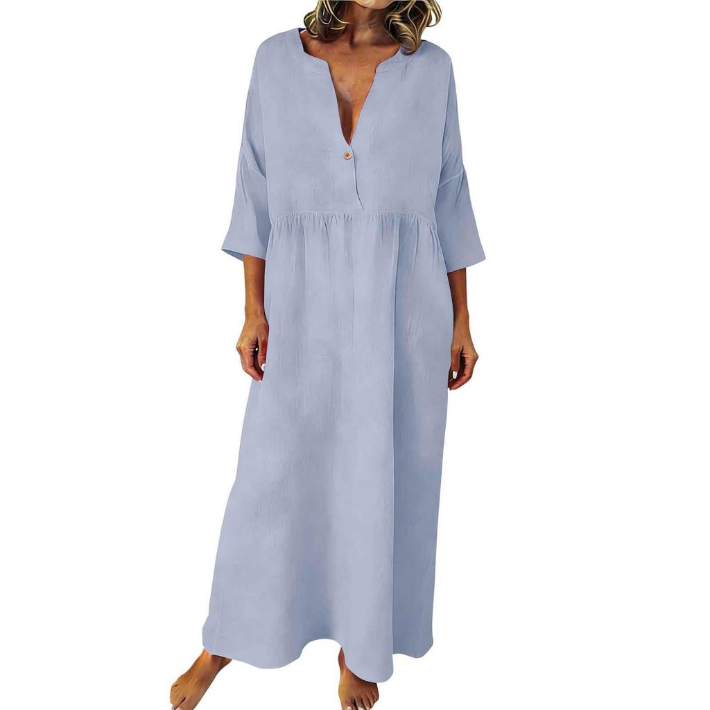 Women's Fashionable Cotton-Linen Long Dress Loose-Fit Casual V-Neck Plus Size Dress