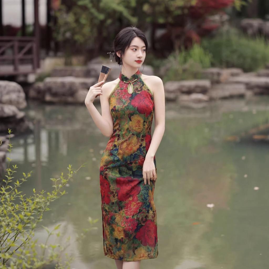 Beautiful young temperament retro style neck water drop collar cheongsam floral long daily senior sense thin dress