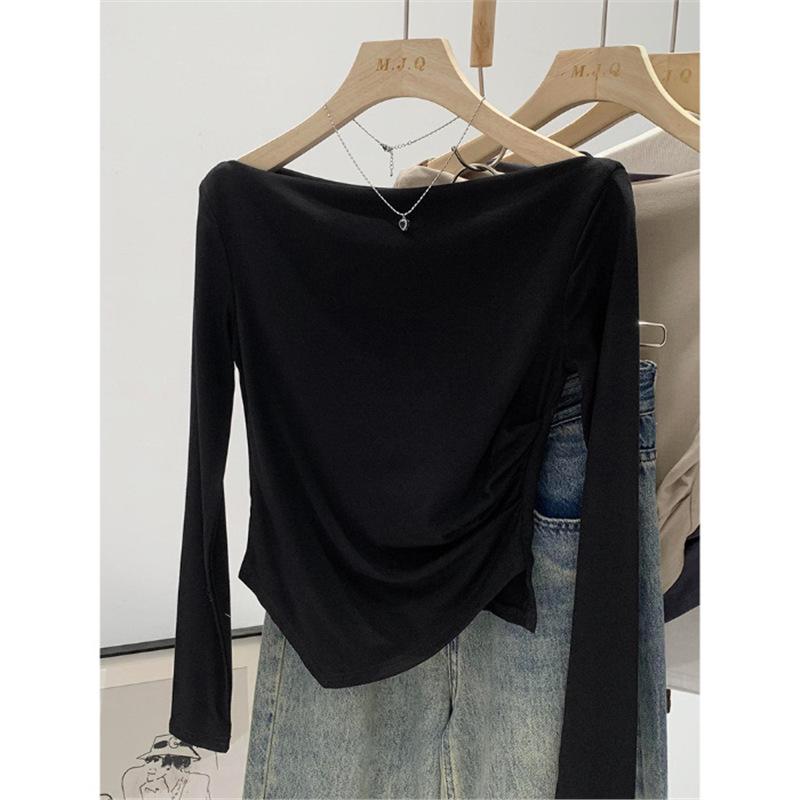 

Женская базовая рубашка с открытыми плечами и нерегулярными длинными рукавами на осень и зиму 2024 XL чёрный