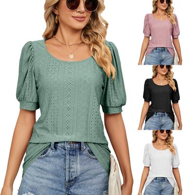 Summer Women Round Neck T Shirts Soft Thin Solid Color Hollow Out Short Sleeve Loose Breathable   Large Size Tops Casual Match