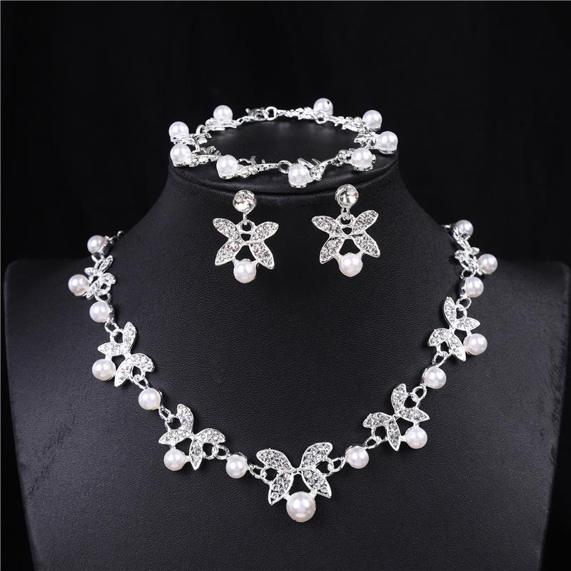Elegant Butterfly Pearl Jewelry Set: Necklace, Earrings & Bracelet for Weddings