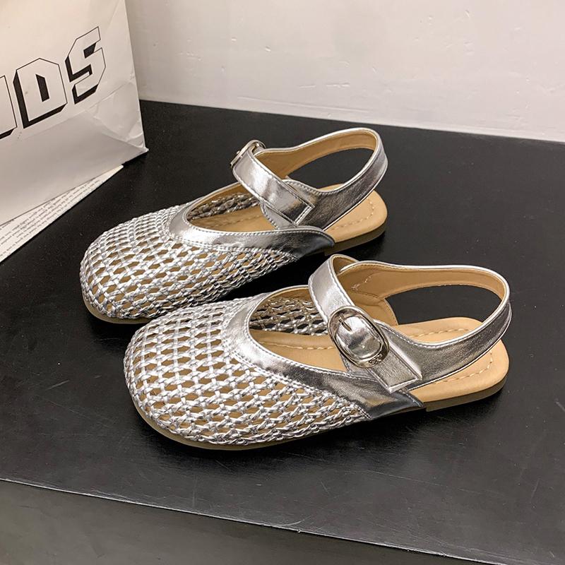 2025 Summer New Roman Sandals Women's One-button Mary Jane Perforated Breathable Woven Silver Flat Single Shoes