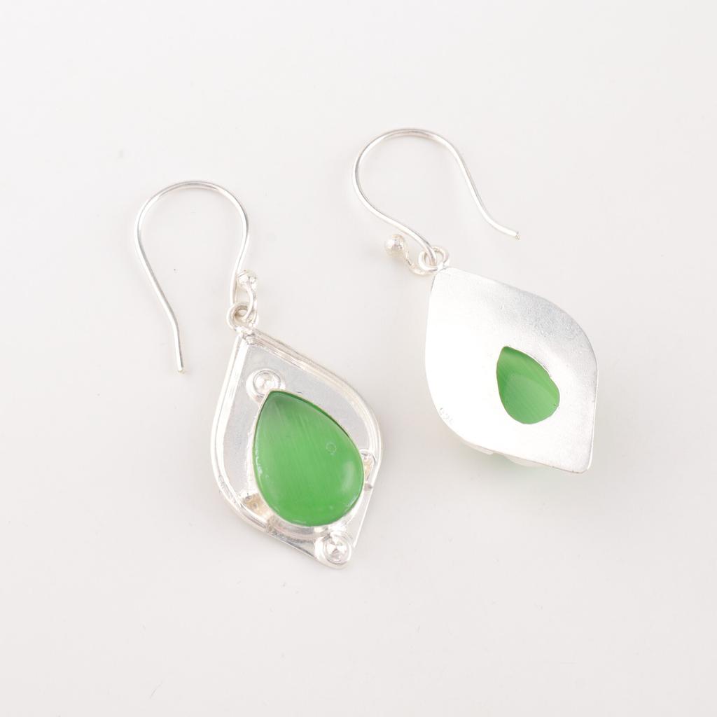Green Cat's Eye Gemstone 925 Stamped Silver Jewelry Handmade Boho Earrings 1.90" EE-35-46