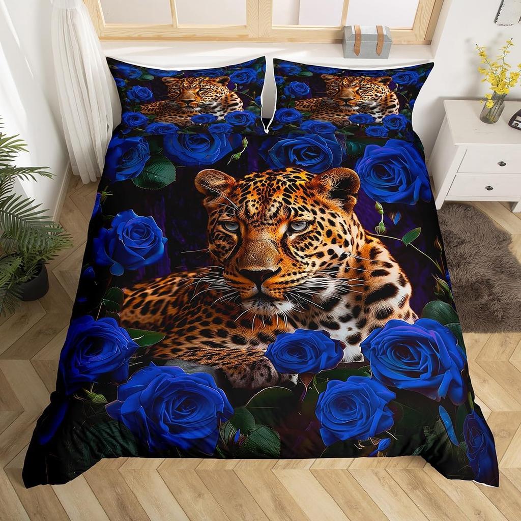 Leopard Bedding Set Wild Cheetah Comforter Cover Rose Romantic Floral Duvet Cover For Boys Girls Room Decor Twin Full Queen King