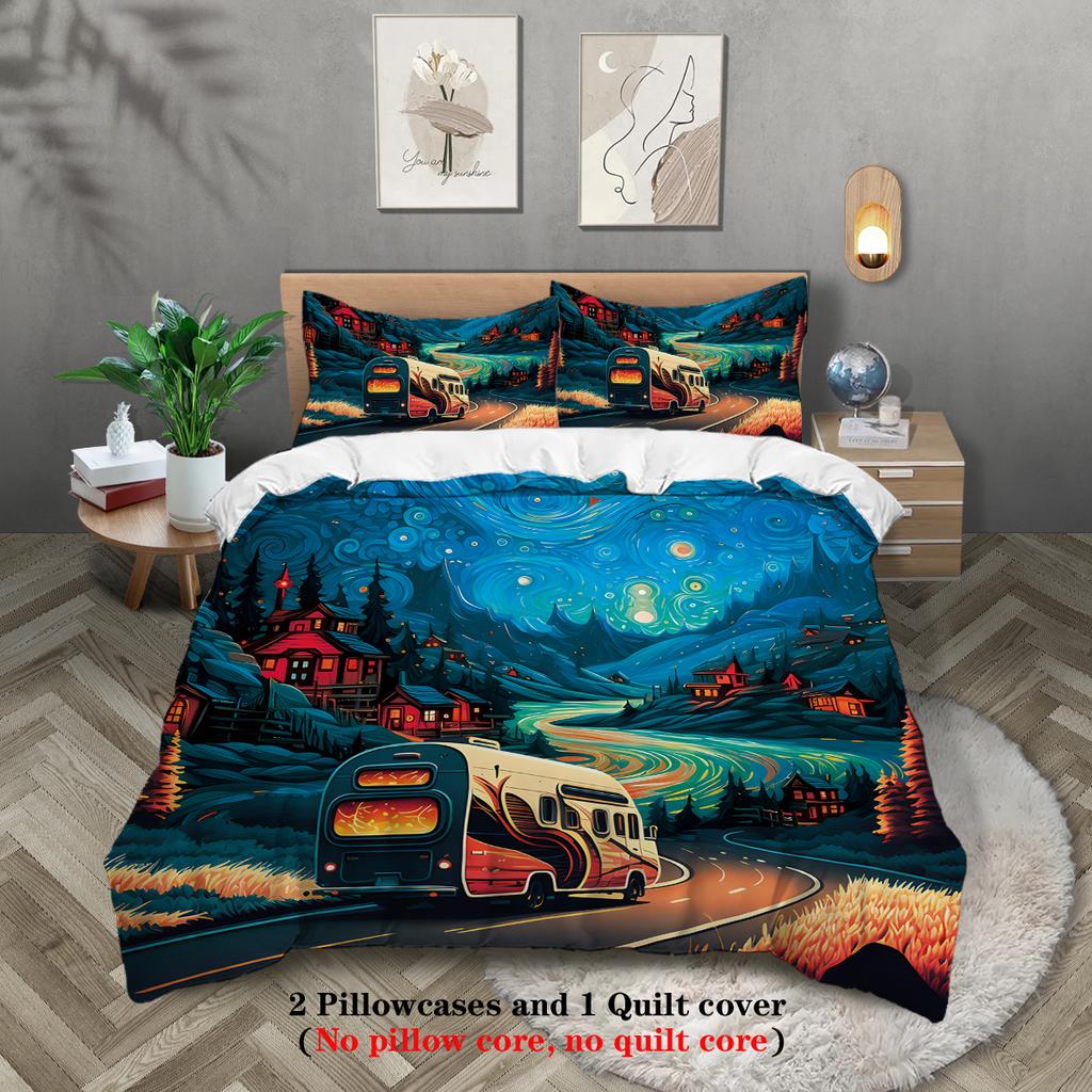 3-piece set, camping pattern printed duvet set, queen, king, double bed, party funny and creative bedding set