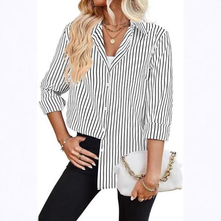 Elegantní ležérní pruhovaná halenka s dlouhým rukávem Dámská košile Vše se hodí Léto Jaro