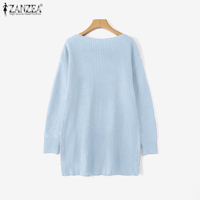 ZANZEA Women Scoop Neck Long Sleeve Knitted Casual Loose Sweaters Jumpers