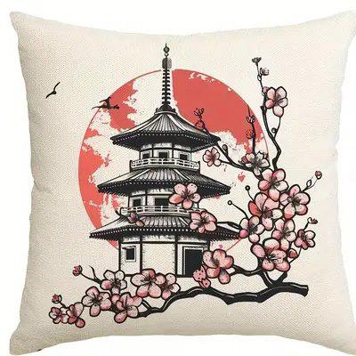 Home Decor Japanese Pagodas With Cherry Blossoms And Sun Pattern Cushion Cover Suitable For Sofa Bedroom Car Pillow Cover