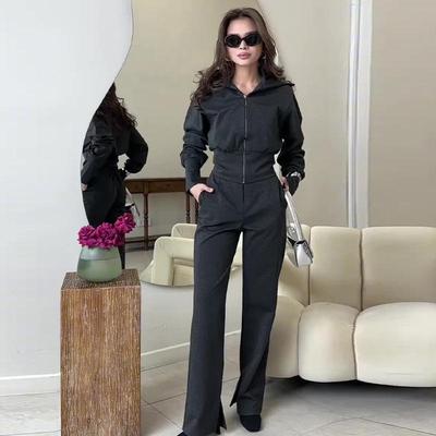2024 Autumn Women's Solid Color Lapel Slim-Fit Top & Casual Long Pants Two-Piece Set