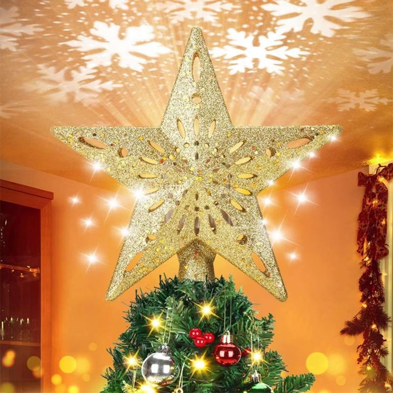 Christmas Tree Topper Lighted with Built-in Led Rotating Snowflake Projector Lights, Hollowed Tree Topper with Plug Christmas Decorations