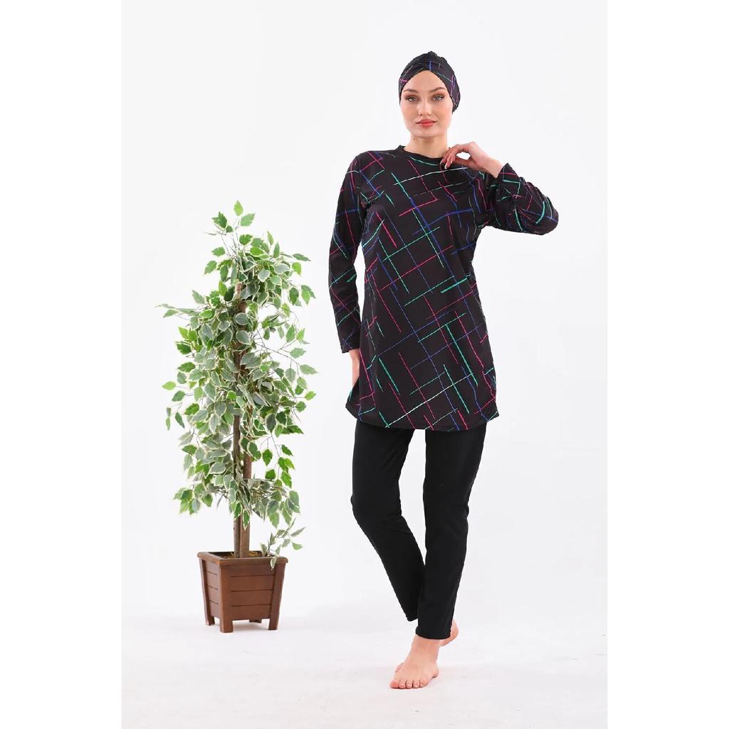 Vollständig bedeckter Lycra-Hijab-Badeanzug mit marineblauem Muster