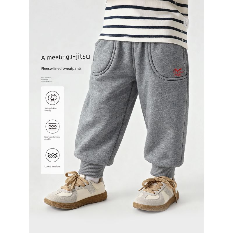 Right European Style Boys' New Year Fleece-Lined Thickened Pants 2025 Winter New Children's Clothing Baby Winter Sweatpants