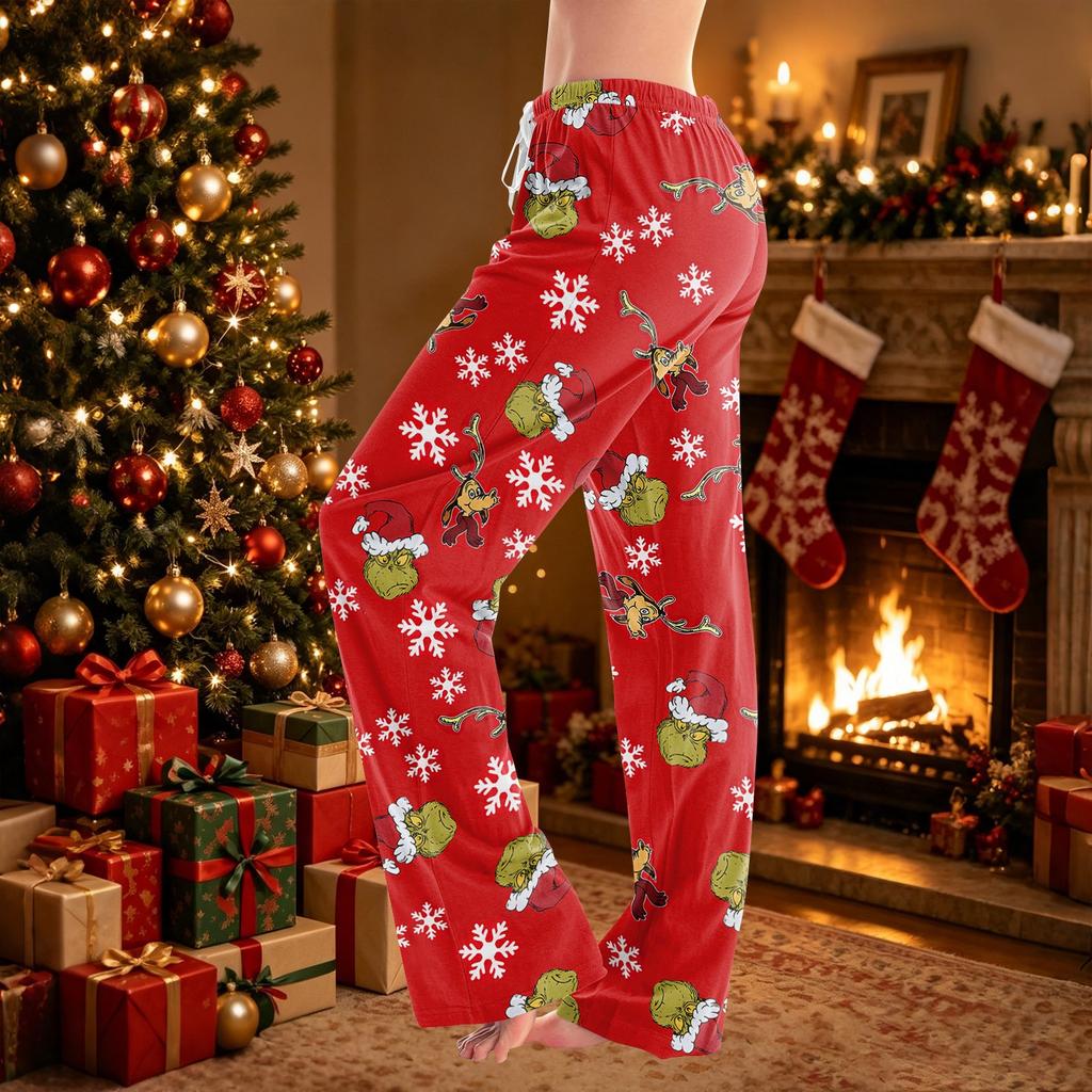 Women's Casual Christmas Print Pants with No Pockets for Holiday