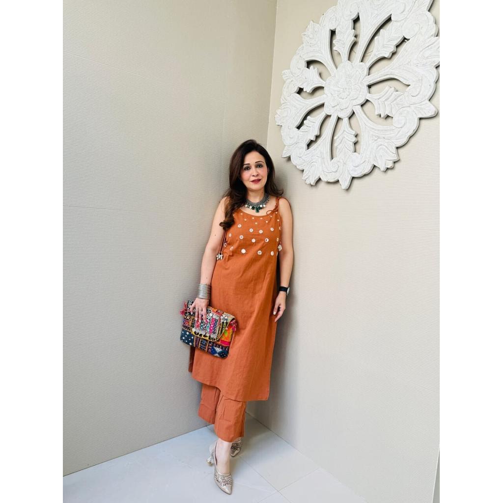 Damen Designer Baumwoll-Slub Kurta Hosen Set Indische Partykleidung Oberteil Tunika Kurti SC-2165