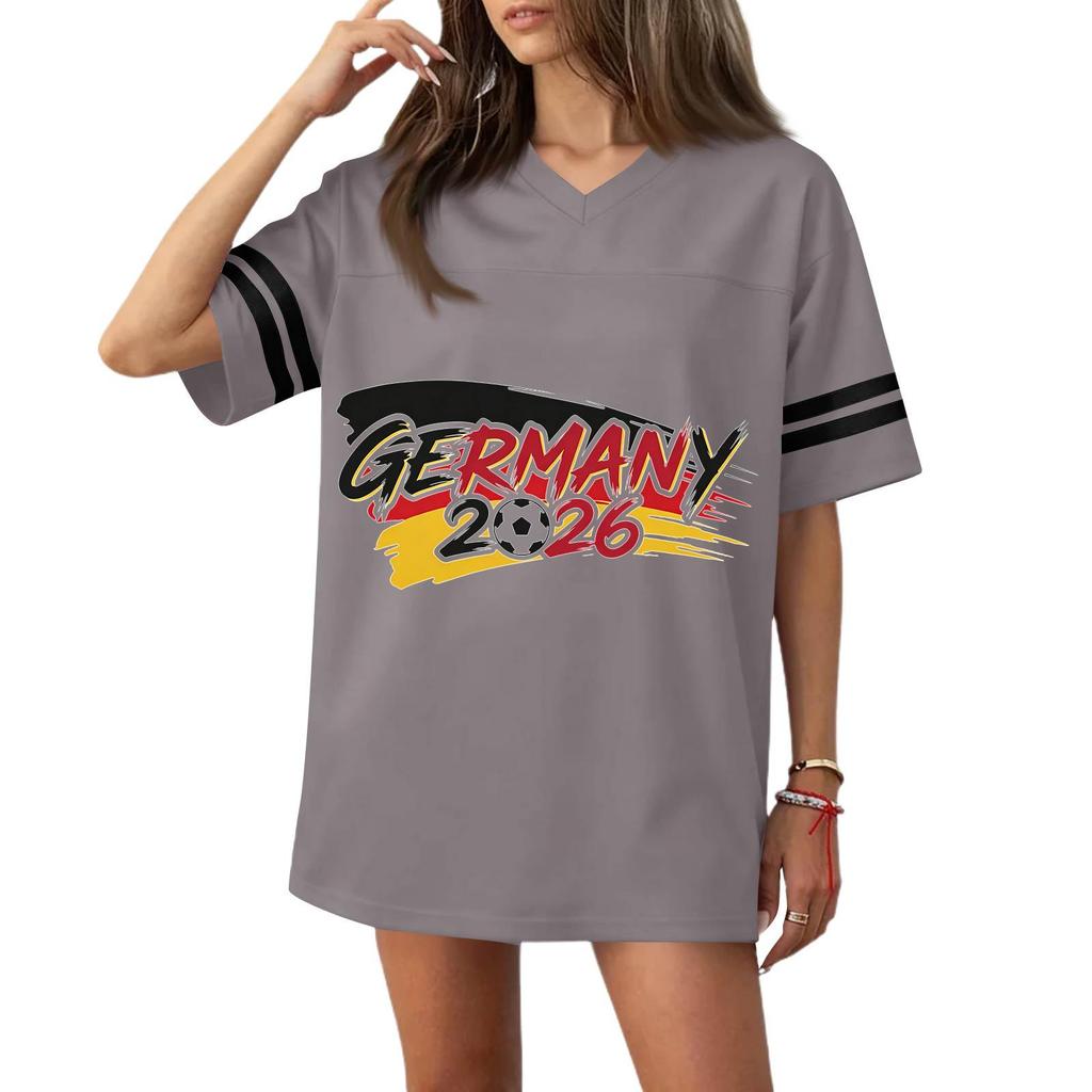 Women’s Casual V Neck Soccer Jersey Style Short Sleeve T Shirt with Germany Flag Print and 2026 Football Graphic Top