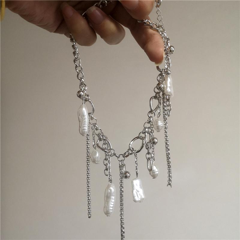 Irregular Pearl Pendant Silver Color Tassel Chain Thick Chunky Necklace For Women Charm Personalized Neck Jewelry Accessories