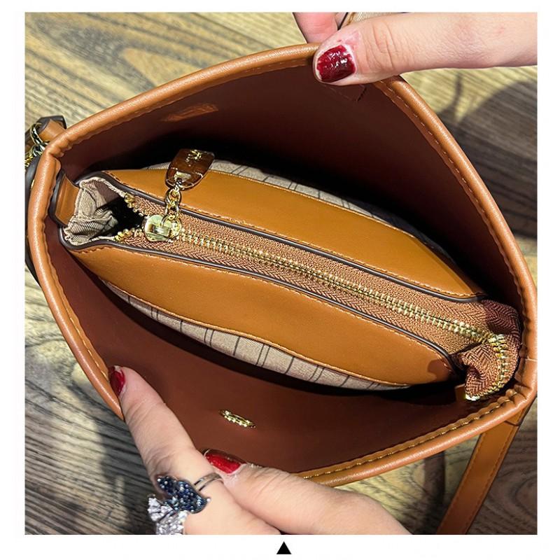 Womens Large Capacity Bucket Bag PU Leather Shoulder Crossbody Handbag Coffee Color Casual Style