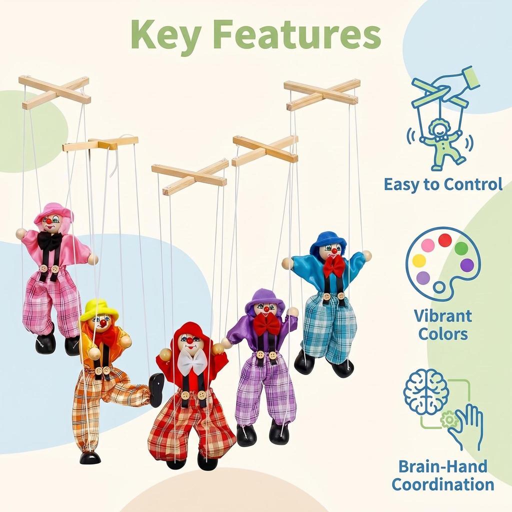 Colorful Handmade Wooden Clown String Puppet Toy for Parent-Child Interaction