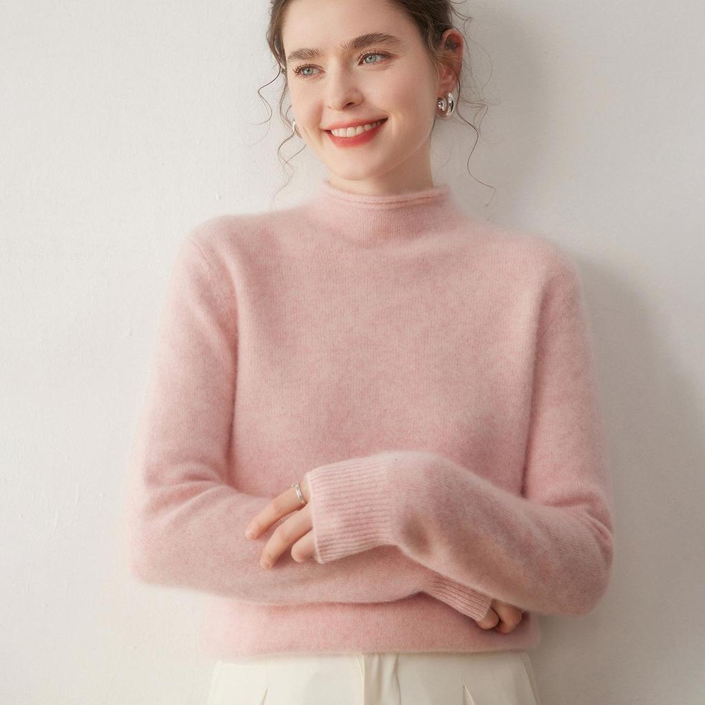 Women's Cashmere Knit Pullover: Seven-Stitch Rolled Hem, Half-High Collar, Solid Color Sweater