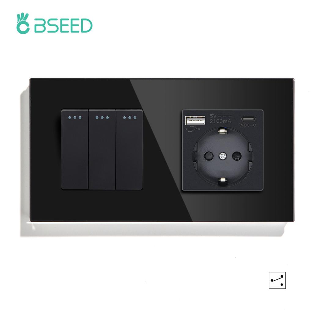 BSEED 1/2/3Gang Mechanical Light Switches 2way For Stairs Corridors with EU Power Sockets USB Type-c Ports Glass Panel Black