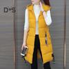 Fall Winter Cotton Vest Coat Mid Length Thickened Padded Sleeveless Zip Up Zipper Closure Drawstring Hooded Windproof Heat Retention Lady Waistcoat