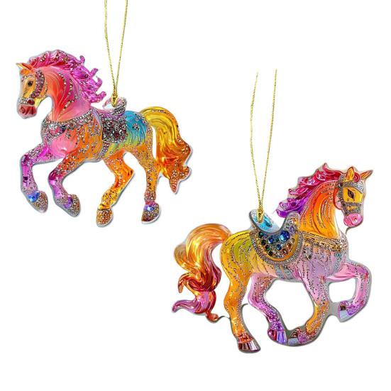 Pferd Weihnachtsschmuck Glitzer Strass Pferd Weihnachtsbaum Hängeornament 2D Flach Acryl Auto Rückspiegel Anhänger für Feiertags-Wohndekor