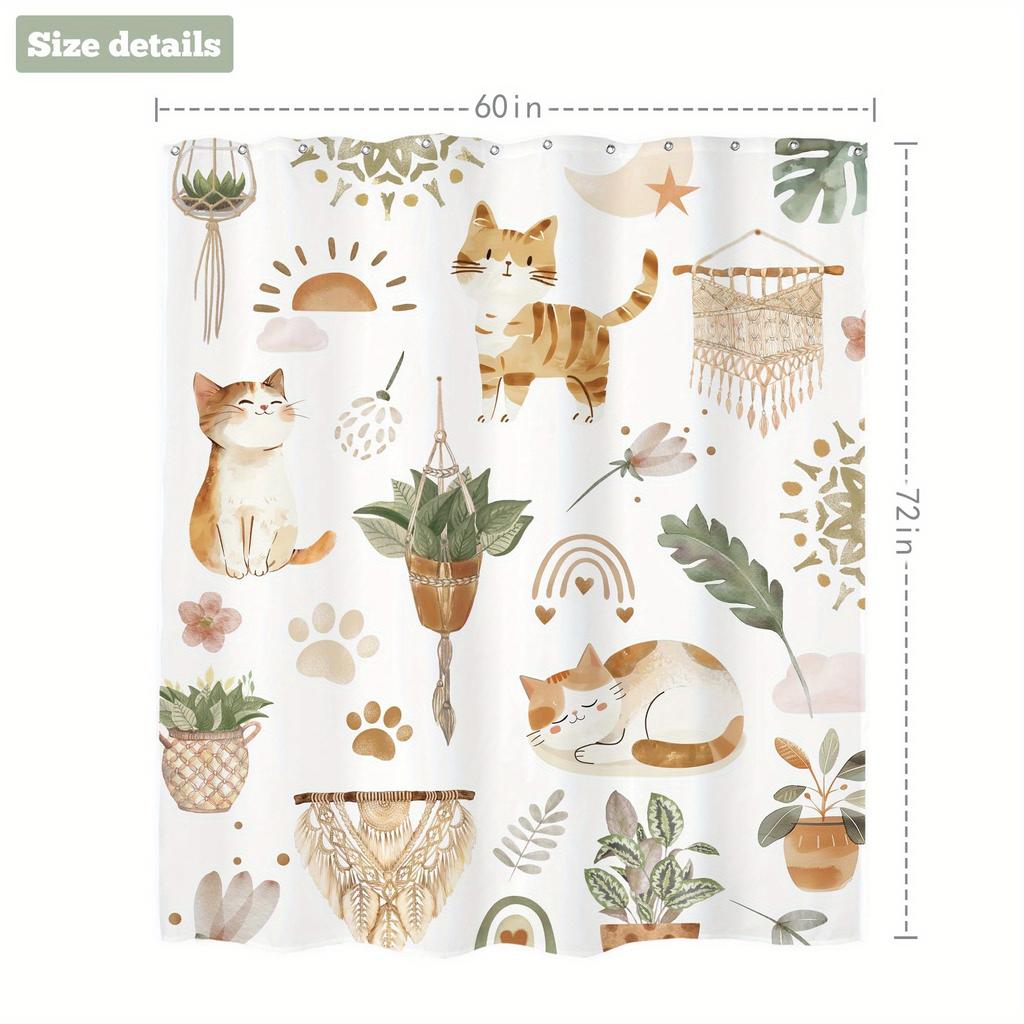 Wodoodporny Poliestrowy Parawan Kąpielowy - Nadruk Cyfrowy, Można Prać w Pralkce z Haczykami, Ekscentryczne Motywy Kota i Roślin