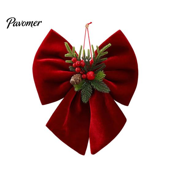 DIY Christmas Craft Supplies Velvet Bow, Burgundy Red Hanging Bow Ornament with Versatile Garland Decorations Berries Pine Cones for Holiday