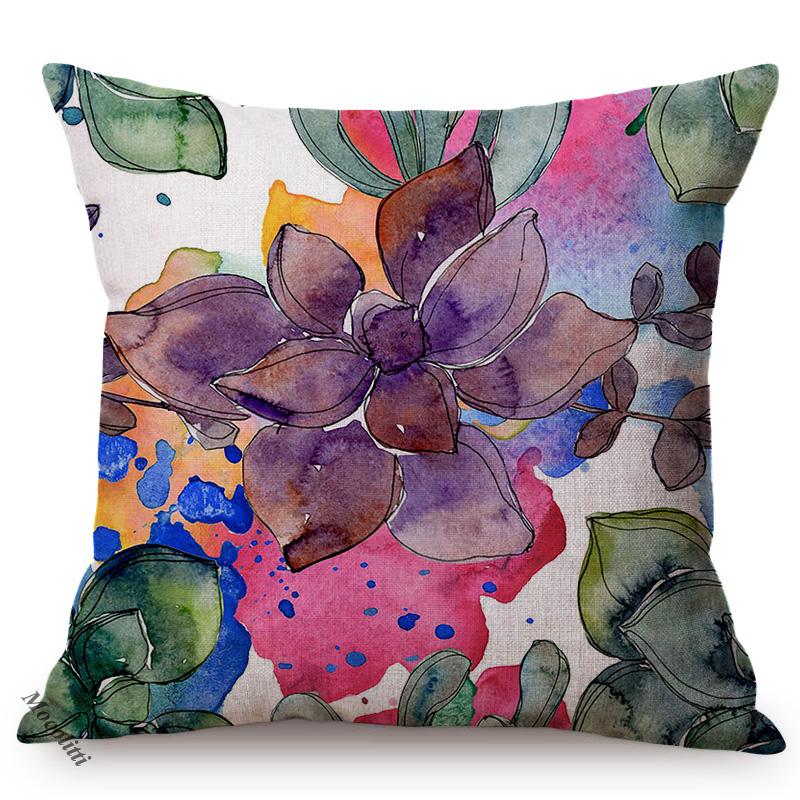 Lotus Florals Watercolor Art Home Decoration Sofa Throw Pillow Case Succulent Plants Flowers Luxury Cotton Linen Cushion Cover