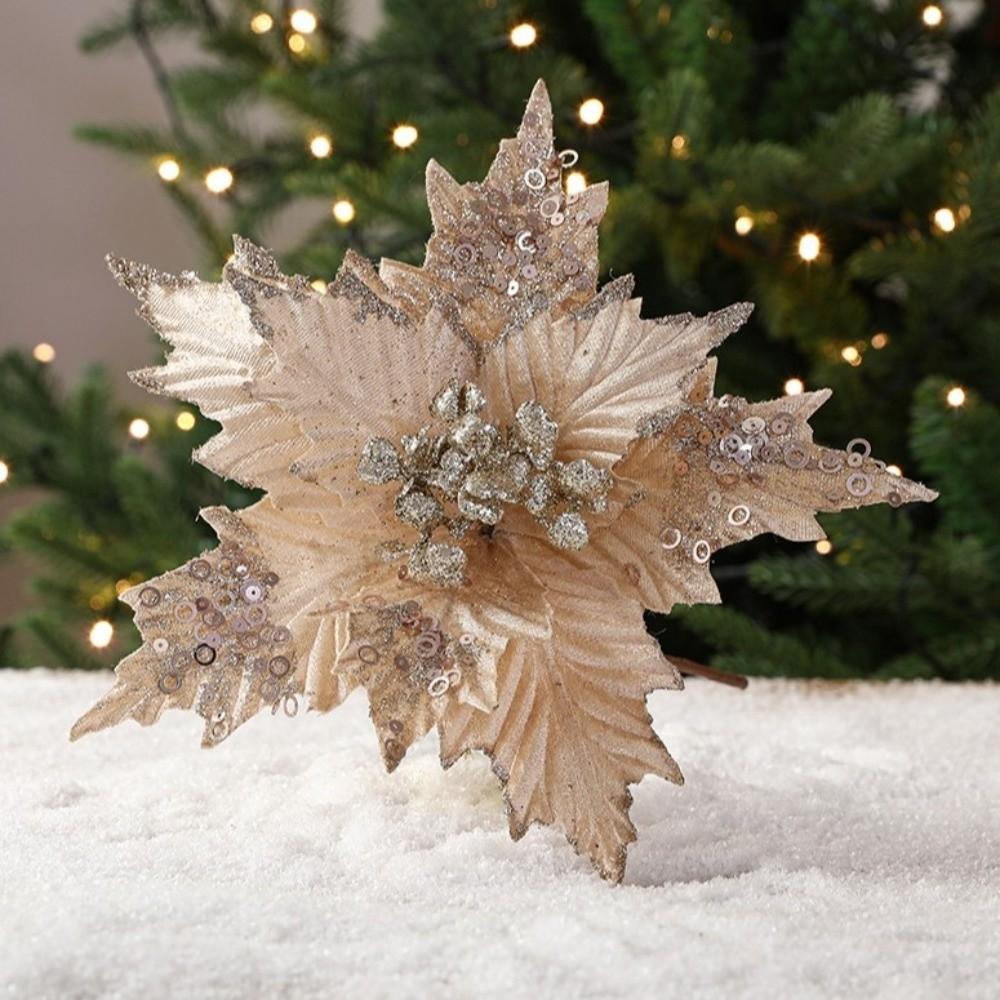 New 26CM Artificial Poinsettia Flower Sequins Sparkling Simulation Flowers Glitter Sequins Flower Christmas Tree Accessory