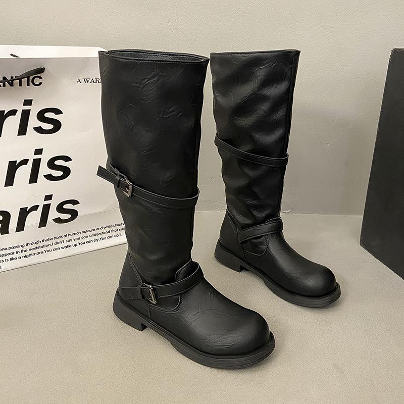 Thick-soled round head retro belt buckle polished long boots women's shoes autumn and winter 2025 new high boots knight boots