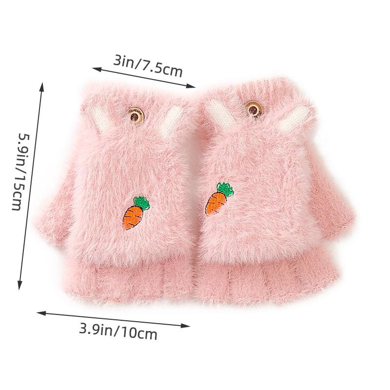 Cute Kids Gloves Winter Warm Faux Fur Knit Boy Girl Children Glove Cartoon Half Finger Flip Cover Outdoor Mittens 3-7Y