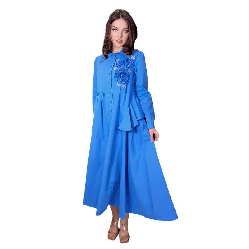 2024 Autumn European & American Women's Elegant Long-Sleeved Dress with 3D Floral Design