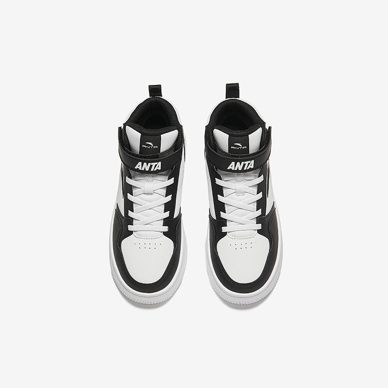 Anta Kids Synthetic Leather Fashion Versatile Lightweight Shock Absorbing High Top Kids Skate Shoes Men Skate Shoes Black White A12438004-5