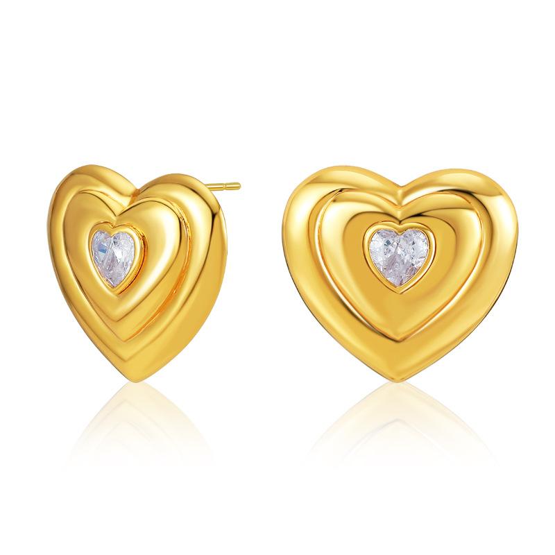Vintage Solid Love Heart Zircon Inlaid 18k Gold Plated Brass Stud Earrings