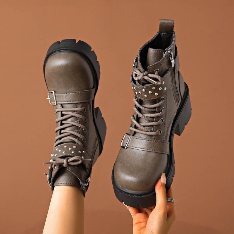 New Style Shoes: Knight Boots, Square-toed Short-leg Lace-up Boots, Women's Thick-heeled, Large-sized, and Thick-soled Leather Boots