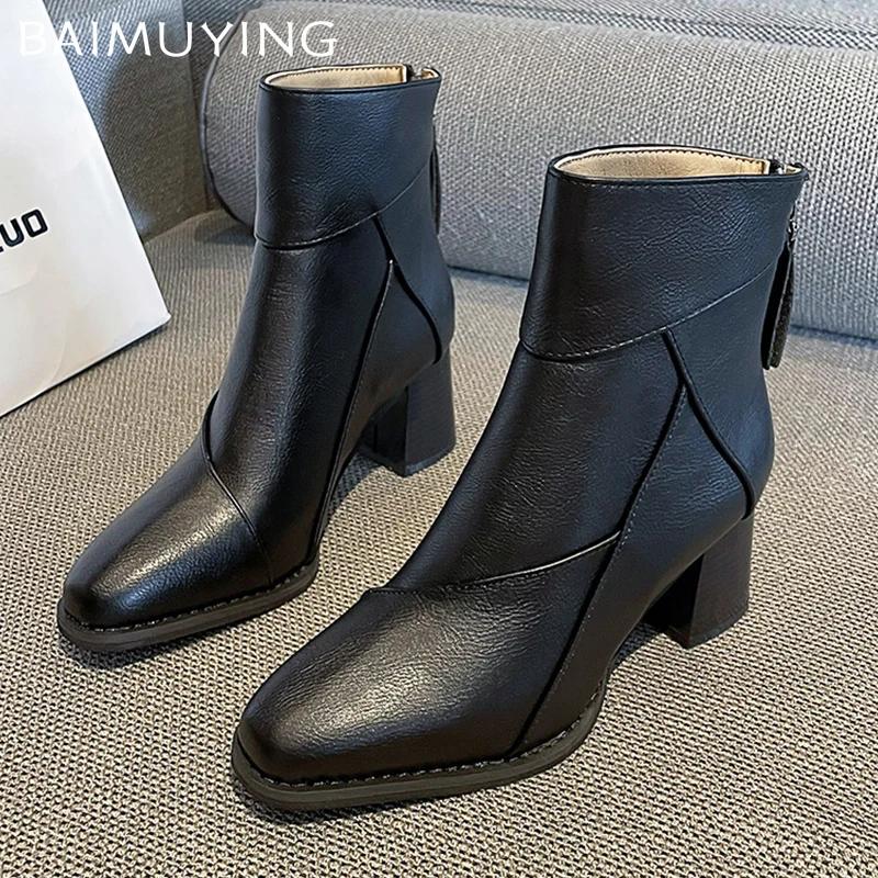 Winter Leather Women Ankle Boots High Heels Sexy Shoes Pointed Toe Chunky Chelsea Boots Trend Winter New Goth Botas Mujer